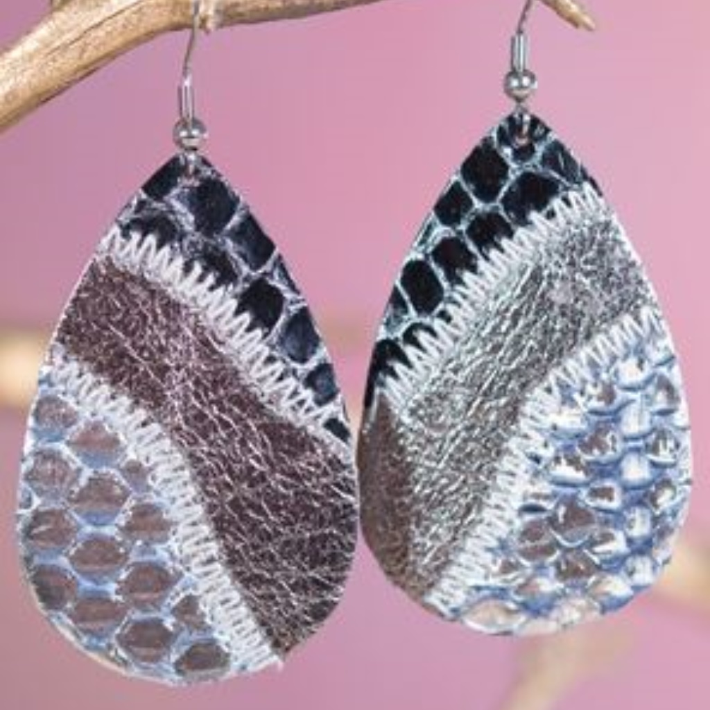 Patchwork Leather Earrings - Silver Bronze 14$